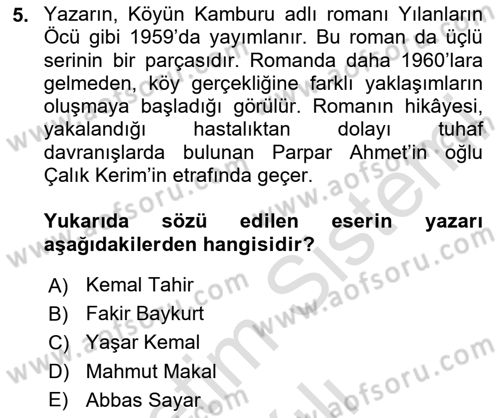 Çağdaş Türk Romanı Dersi 2025 - 2026 Yılı (Vize) Ara Sınav Soruları 5. Soru