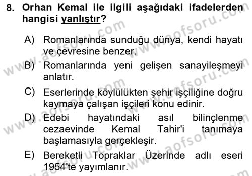 Çağdaş Türk Romanı Dersi 2025 - 2026 Yılı (Vize) Ara Sınav Soruları 8. Soru
