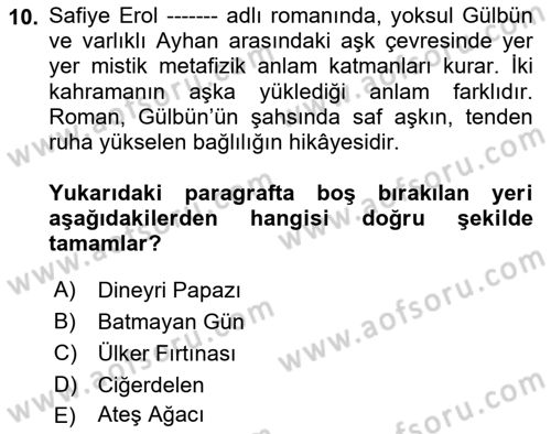 Çağdaş Türk Romanı Dersi 2025 - 2026 Yılı (Final) Dönem Sonu Sınav Soruları 10. Soru