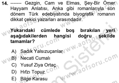 Çağdaş Türk Romanı Dersi 2025 - 2026 Yılı (Final) Dönem Sonu Sınav Soruları 14. Soru