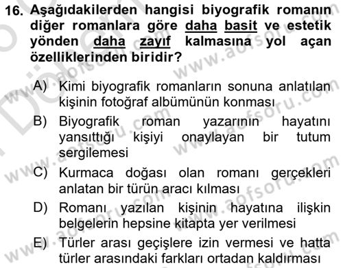 Çağdaş Türk Romanı Dersi 2025 - 2026 Yılı (Final) Dönem Sonu Sınav Soruları 16. Soru