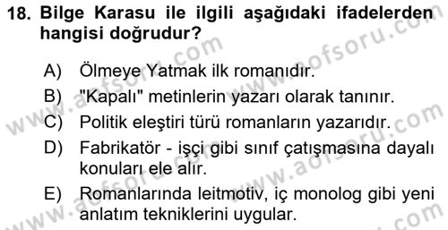 Çağdaş Türk Romanı Dersi 2025 - 2026 Yılı (Final) Dönem Sonu Sınav Soruları 18. Soru