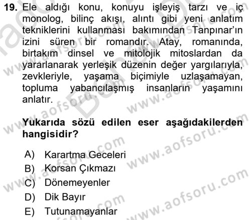 Çağdaş Türk Romanı Dersi 2025 - 2026 Yılı (Final) Dönem Sonu Sınav Soruları 19. Soru