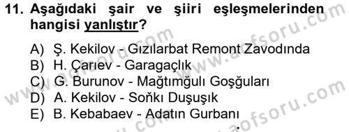Çağdaş Türk Edebiyatları 1 Dersi 2013 - 2014 Yılı Tek Ders Sınav Soruları 11. Soru