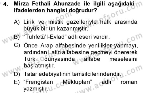 Çağdaş Türk Edebiyatları 1 Dersi Ara Sınavı Deneme Sınav Soruları 4. Soru