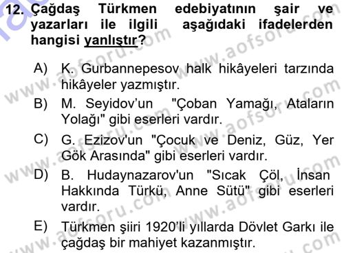 Çağdaş Türk Edebiyatları 1 Dersi 2015 - 2016 Yılı (Final) Dönem Sonu Sınav Soruları 12. Soru