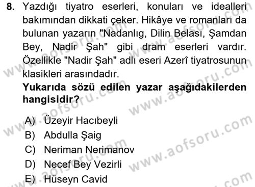 Çağdaş Türk Edebiyatları 1 Dersi 2015 - 2016 Yılı (Final) Dönem Sonu Sınav Soruları 8. Soru
