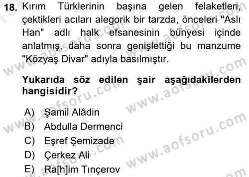 Çağdaş Türk Edebiyatları 1 Dersi 2015 - 2016 Yılı Tek Ders Sınav Soruları 18. Soru
