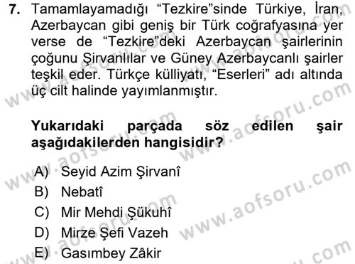 Çağdaş Türk Edebiyatları 1 Dersi 2015 - 2016 Yılı Tek Ders Sınav Soruları 7. Soru