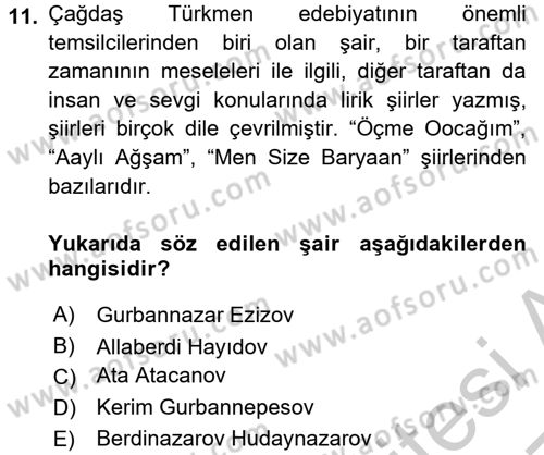 Çağdaş Türk Edebiyatları 1 Dersi 2016 - 2017 Yılı 3 Ders Sınav Soruları 11. Soru
