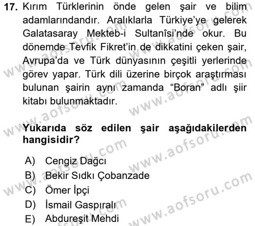 Çağdaş Türk Edebiyatları 1 Dersi 2016 - 2017 Yılı 3 Ders Sınav Soruları 17. Soru