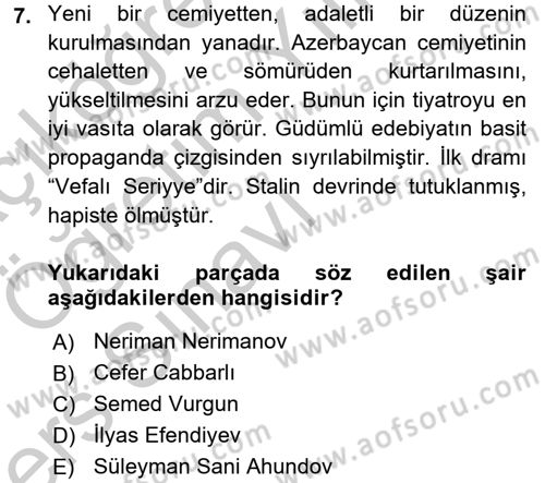 Çağdaş Türk Edebiyatları 1 Dersi 2016 - 2017 Yılı 3 Ders Sınav Soruları 7. Soru
