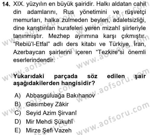 Çağdaş Türk Edebiyatları 1 Dersi Ara Sınavı Deneme Sınav Soruları 14. Soru
