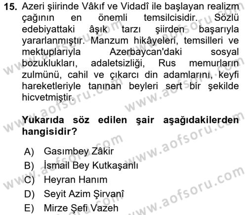 Çağdaş Türk Edebiyatları 1 Dersi 2016 - 2017 Yılı (Vize) Ara Sınav Soruları 15. Soru