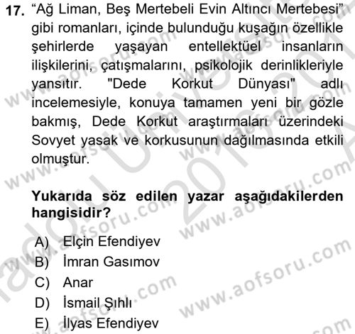Çağdaş Türk Edebiyatları 1 Dersi 2016 - 2017 Yılı (Vize) Ara Sınav Soruları 17. Soru