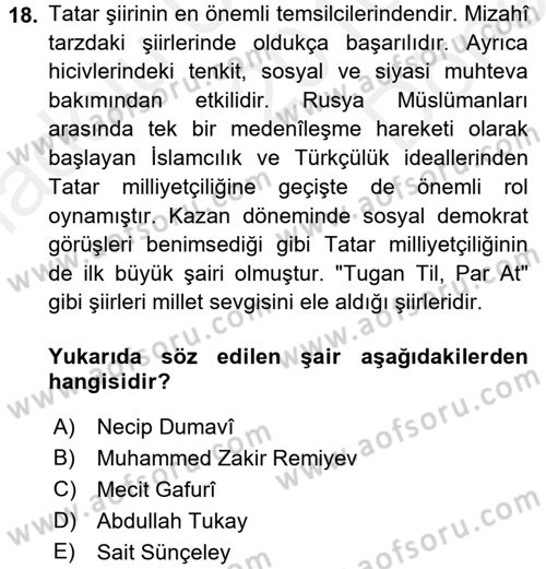 Çağdaş Türk Edebiyatları 1 Dersi 2016 - 2017 Yılı (Final) Dönem Sonu Sınav Soruları 18. Soru