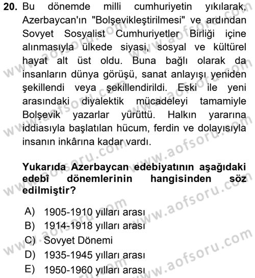 Çağdaş Türk Edebiyatları 1 Dersi 2016 - 2017 Yılı (Final) Dönem Sonu Sınav Soruları 20. Soru