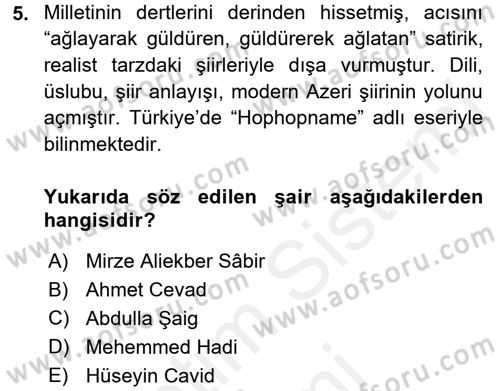 Çağdaş Türk Edebiyatları 1 Dersi 2016 - 2017 Yılı (Final) Dönem Sonu Sınav Soruları 5. Soru