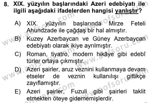 Çağdaş Türk Edebiyatları 1 Dersi 2016 - 2017 Yılı (Final) Dönem Sonu Sınav Soruları 8. Soru