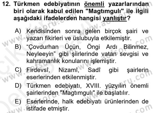 Çağdaş Türk Edebiyatları 1 Dersi 2017 - 2018 Yılı 3 Ders Sınav Soruları 12. Soru
