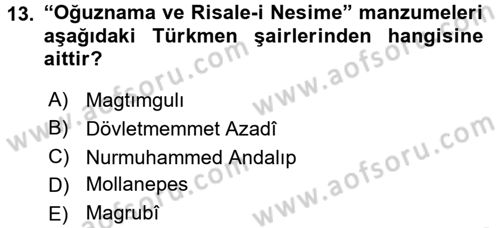 Çağdaş Türk Edebiyatları 1 Dersi 2017 - 2018 Yılı 3 Ders Sınav Soruları 13. Soru