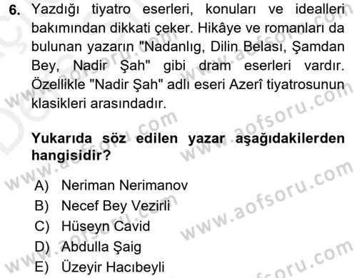 Çağdaş Türk Edebiyatları 1 Dersi 2017 - 2018 Yılı 3 Ders Sınav Soruları 6. Soru