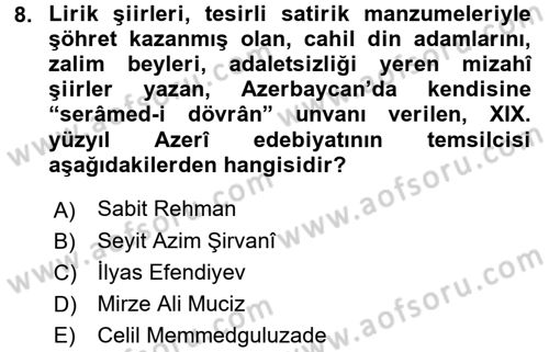 Çağdaş Türk Edebiyatları 1 Dersi 2017 - 2018 Yılı 3 Ders Sınav Soruları 8. Soru