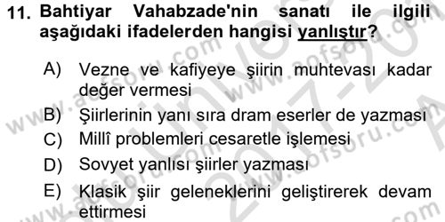 Çağdaş Türk Edebiyatları 1 Dersi Ara Sınavı Deneme Sınav Soruları 11. Soru