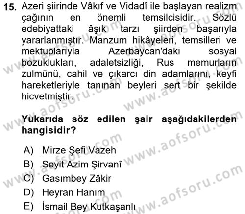 Çağdaş Türk Edebiyatları 1 Dersi 2017 - 2018 Yılı (Vize) Ara Sınav Soruları 15. Soru
