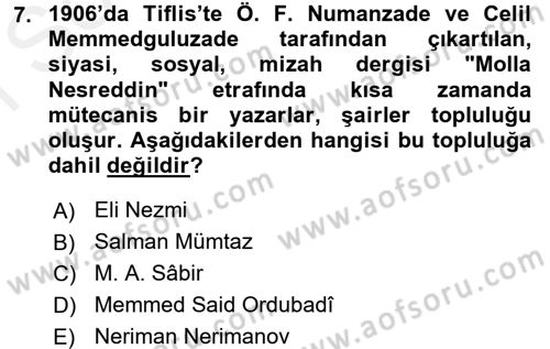 Çağdaş Türk Edebiyatları 1 Dersi 2017 - 2018 Yılı (Final) Dönem Sonu Sınav Soruları 7. Soru