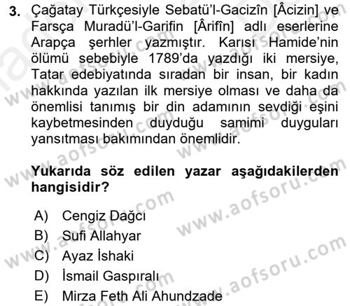 Çağdaş Türk Edebiyatları 1 Dersi 2018 - 2019 Yılı (Final) Dönem Sonu Sınavı 3. Soru