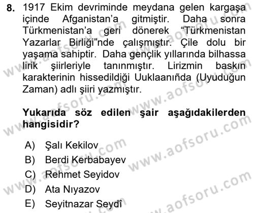 Çağdaş Türk Edebiyatları 1 Dersi 2018 - 2019 Yılı (Final) Dönem Sonu Sınavı 8. Soru