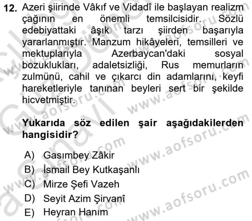 Çağdaş Türk Edebiyatları 1 Dersi Ara Sınavı Deneme Sınav Soruları 12. Soru