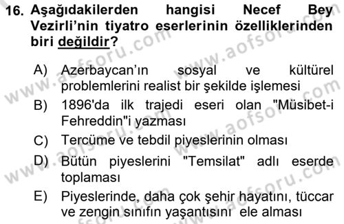 Çağdaş Türk Edebiyatları 1 Dersi 2019 - 2020 Yılı (Vize) Ara Sınav Soruları 16. Soru