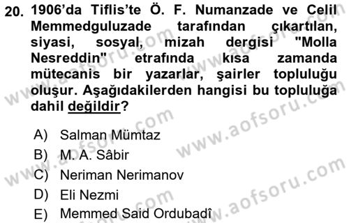 Çağdaş Türk Edebiyatları 1 Dersi Ara Sınavı Deneme Sınav Soruları 20. Soru