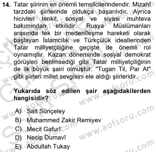 Çağdaş Türk Edebiyatları 1 Dersi 2019 - 2020 Yılı (Final) Dönem Sonu Sınav Soruları 14. Soru
