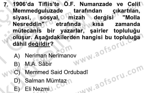 Çağdaş Türk Edebiyatları 1 Dersi 2020 - 2021 Yılı Yaz Okulu Sınav Soruları 7. Soru