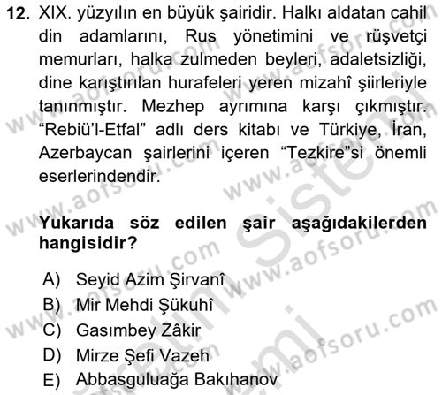 Çağdaş Türk Edebiyatları 1 Dersi 2021 - 2022 Yılı (Vize) Ara Sınav Soruları 12. Soru