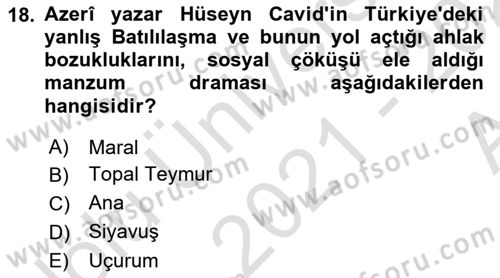 Çağdaş Türk Edebiyatları 1 Dersi Ara Sınavı Deneme Sınav Soruları 18. Soru