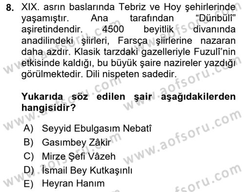 Çağdaş Türk Edebiyatları 1 Dersi 2021 - 2022 Yılı (Vize) Ara Sınav Soruları 8. Soru