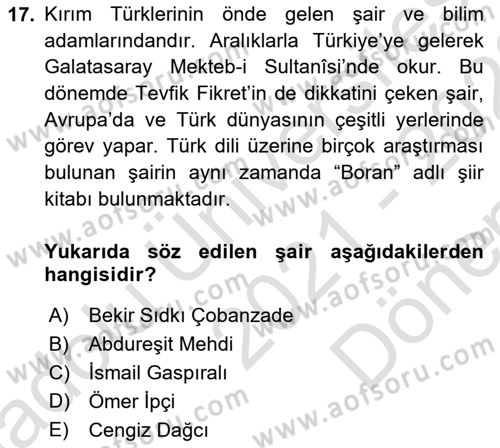 Çağdaş Türk Edebiyatları 1 Dersi 2021 - 2022 Yılı (Final) Dönem Sonu Sınav Soruları 17. Soru