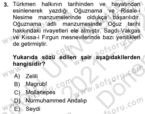 Çağdaş Türk Edebiyatları 1 Dersi 2021 - 2022 Yılı (Final) Dönem Sonu Sınav Soruları 3. Soru