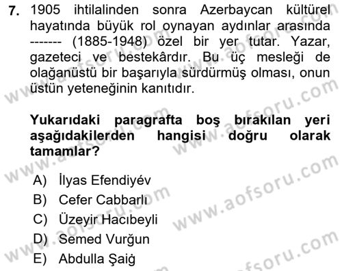 Çağdaş Türk Edebiyatları 1 Dersi 2021 - 2022 Yılı (Final) Dönem Sonu Sınav Soruları 7. Soru