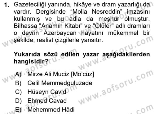 Çağdaş Türk Edebiyatları 1 Dersi Ara Sınavı Deneme Sınav Soruları 1. Soru