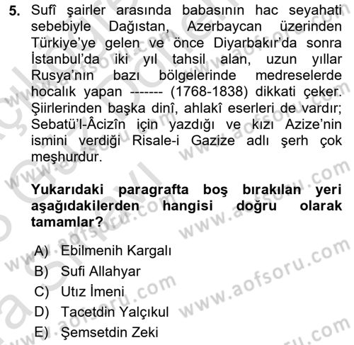 Çağdaş Türk Edebiyatları 1 Dersi Ara Sınavı Deneme Sınav Soruları 5. Soru