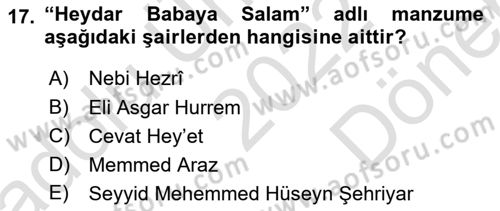 Çağdaş Türk Edebiyatları 1 Dersi 2022 - 2023 Yılı (Final) Dönem Sonu Sınav Soruları 17. Soru