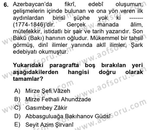 Çağdaş Türk Edebiyatları 1 Dersi Ara Sınavı Deneme Sınav Soruları 6. Soru