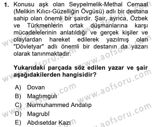 Çağdaş Türk Edebiyatları 1 Dersi 2023 - 2024 Yılı (Final) Dönem Sonu Sınav Soruları 1. Soru
