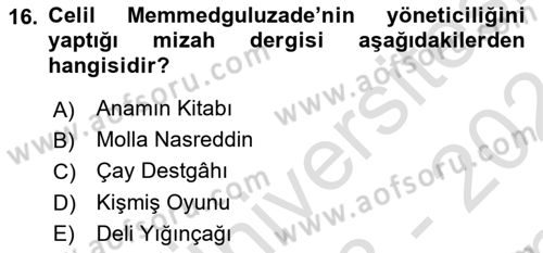 Çağdaş Türk Edebiyatları 1 Dersi 2023 - 2024 Yılı (Final) Dönem Sonu Sınav Soruları 16. Soru