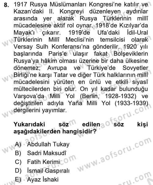 Çağdaş Türk Edebiyatları 1 Dersi 2023 - 2024 Yılı (Final) Dönem Sonu Sınav Soruları 8. Soru